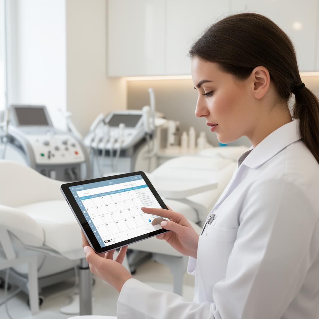 Doctora de clínica de medicina estética revisando la agenda diaria en una tablet con sistema de confirmación automática