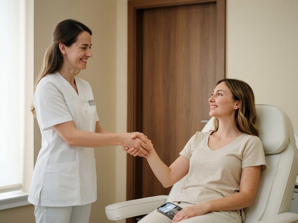 Especialista de clínica estética recibiendo a una paciente nueva captada gracias a la automatización con IA