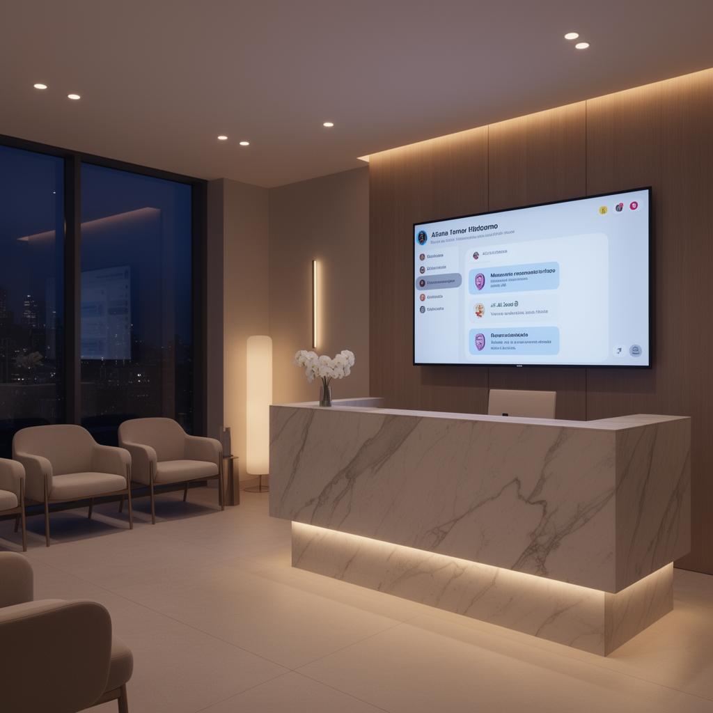 Recepción de clínica estética con pantalla mostrando conversaciones automatizadas 24/7