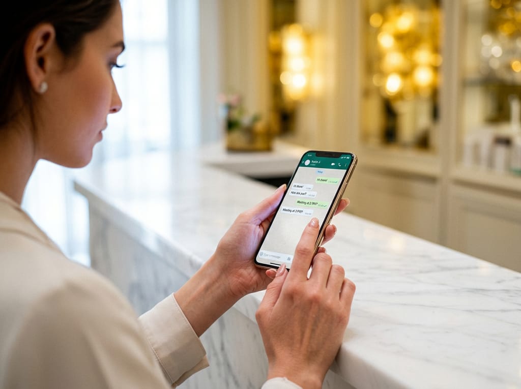 Recepcionista de clínica estética premium gestionando mensajes de WhatsApp con chatbot automatizado